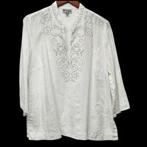 Womens Linen Vneck Tunic Top 14 Embellished Studs 3/4 Sleeve White Lagenlook